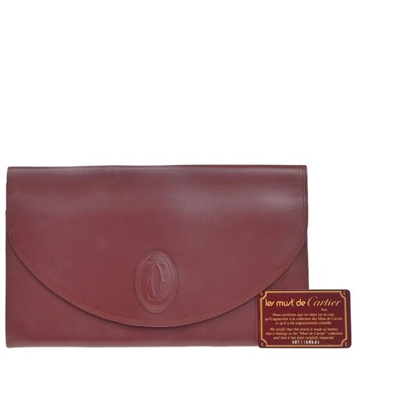 MUST DE CARTIER 2C Logo Clutch Hand Bag Leather Red GHW Italy - Picture 1 of 13
